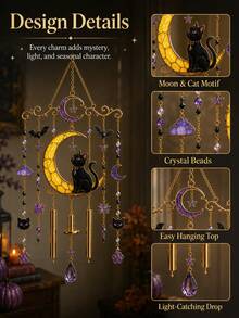 1pc Gothic Halloween Sun Catcher, Black Cat Moon Crystal Window Hanging Decor With Bat And Star Beads, Sunlight Prism Light Capture Decoration, Suitable For Bedroom Window, Witch Style Home Decor - A - View 3