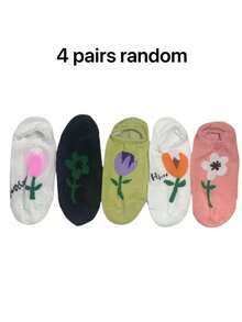 5/4 Pairs Women's Multi-Color Combination, Floral Tulip, Spring/Summer Versatile Style, Knitted Breathable Fabric, Fashionable Japanese Fresh Style Invisible Boat Socks, Home, Commute, Party, Sports, School, Holiday Gift - Multicolor - View 6