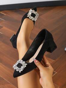 Women's High Heel Pumps With Thick Heel And Pointed Toe, Business Commute Professional High Heel Shoes, French Elegant Glamorous High Heels, Simple Versatile Everyday Plus Size Women's Shoes - Black - View 4