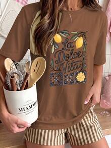 Camiseta Feminina Estampa Floral de Limão "La Vita" Camisa Algodão - marrom - Visão 3