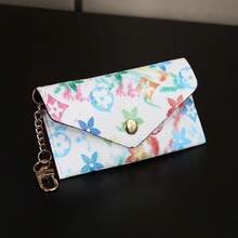 1pc Watercolor Floral Print With Metal Chain Decoration PU Leather Multi-Slot Card Holder Snap Closure Fresh Artistic Style Card Wallet - Multicolor - View 4