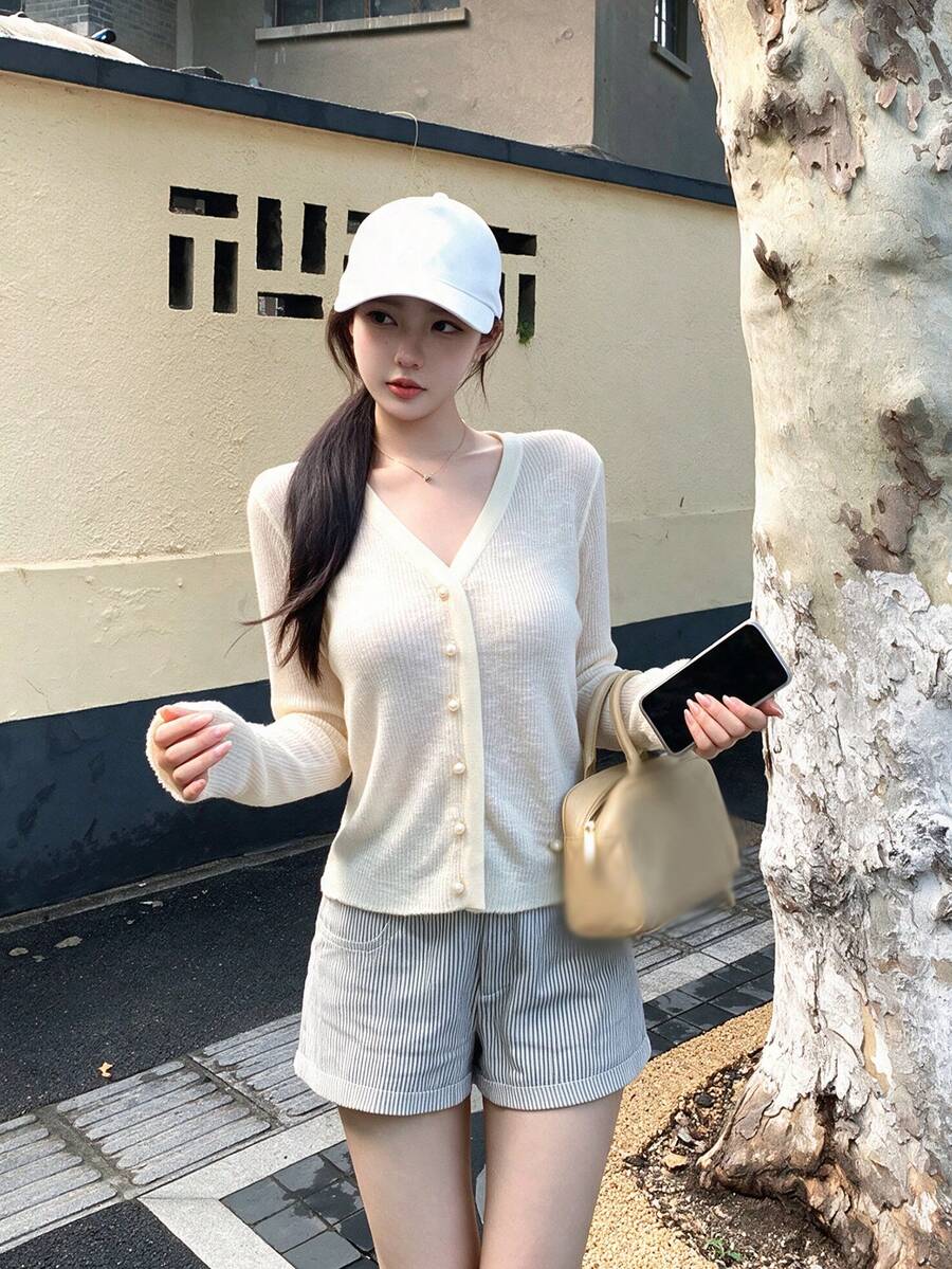 Cardigan Rajut Lengan Panjang Kancing Depan Leher V Gaya Korea, Atasan Crop Slim Fit yang Mengencangkan Pinggang untuk Wanita, Musim Semi/Gugur - Aprikot - View 1