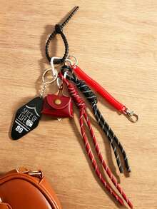 Vintage Brown PU Mini Earbud Case Bag Charm Keychain, Braided Tassel Strap With Heart, Flower & Leopard Bead Pendant, Bags Accessory Gift For Women - Multicolor - View 7