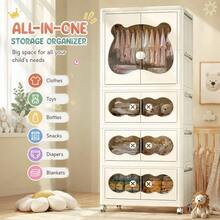 Foldable Wardrobe,Storage Cabinet With Hanging Area & Multi-Layer Drawers,Seasonal Clothes Storage, 70CM Large Capacity Cute Bear Design Closet Organizer For Chlidren Room, Bedroom Nursery Space Saving Storage For Clothes Toys Daily Sundries - Beige - View 2