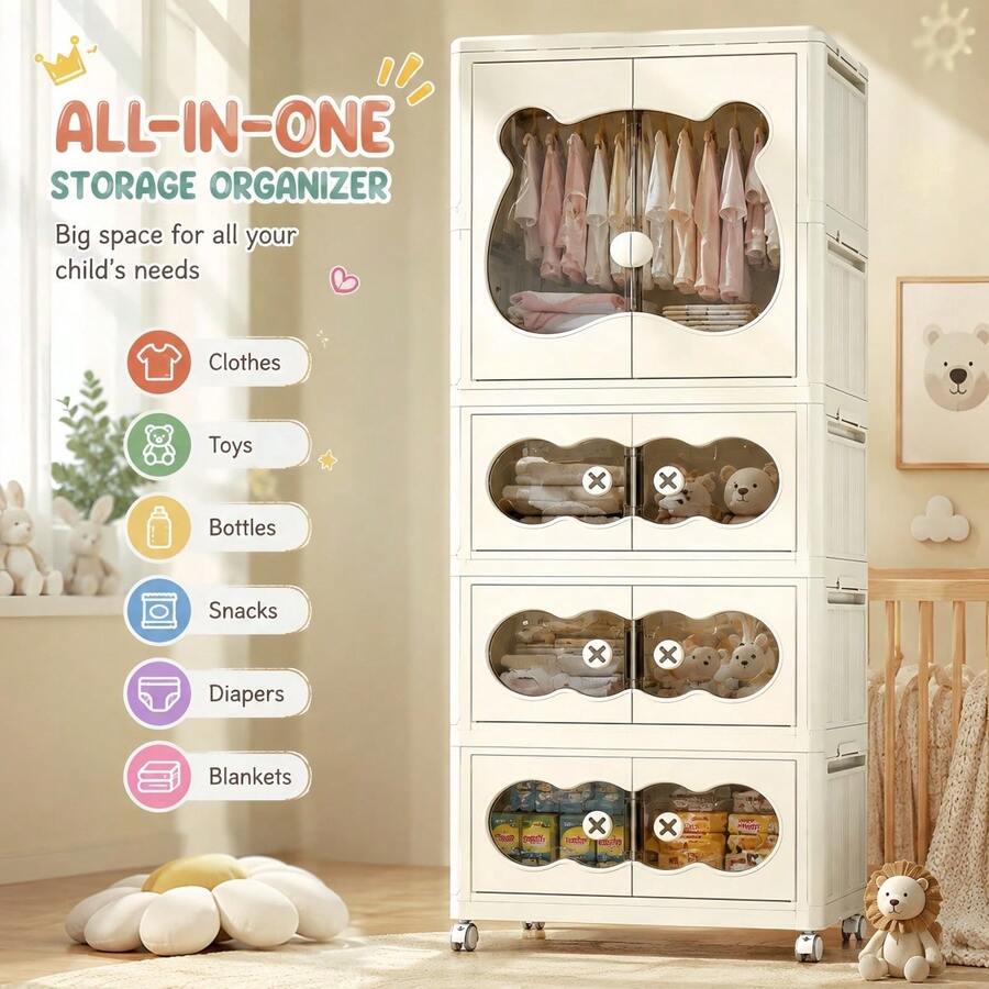 Foldable Wardrobe,Storage Cabinet With Hanging Area & Multi-Layer Drawers,Seasonal Clothes Storage, 70CM Large Capacity Cute Bear Design Closet Organizer For Chlidren Room, Bedroom Nursery Space Saving Storage For Clothes Toys Daily Sundries