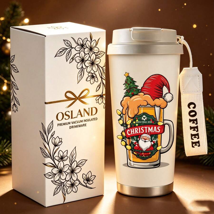 1/5Pcs 18oz Stainless Steel Coffee Tumbler, Christmas Beer Mug Santa Print Travel Mug With Lanyard & Gift Box, Vacuum Insulated Cup For Car Home Party Use, Holiday Birthday Present For Friends & Family - Christmas Beer Mug Santa Claus - View 1