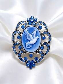 New Fashion Women's Vintage Blue Embossed Peace Dove Brooch, Luxury High-End Rhinestone Animal Pin, Unique Niche Design Suit Coat Dress Accessory Corsage - Silver - View 7