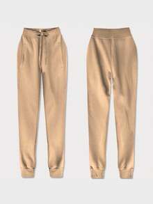 Sweatpants, Elastic Waistband With Drawstrings, Mid-Rise, 2 Pockets, Tapered Legs With Drawstrings, Basic - Beige - View 3