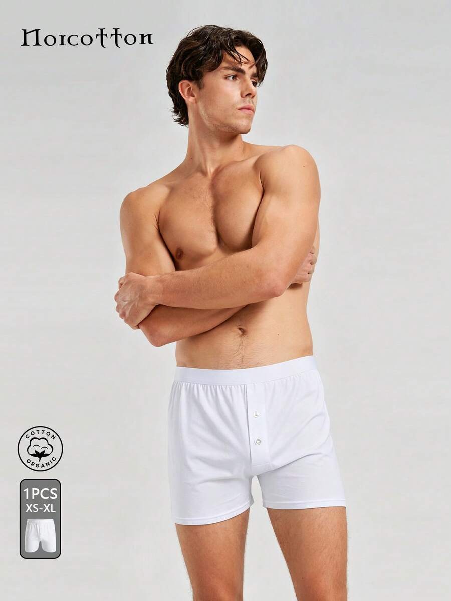 Norcotton 1pc Men's Front Button Boxer Briefs, Solid Color Loose Fit Lounge Shorts - White - View 1