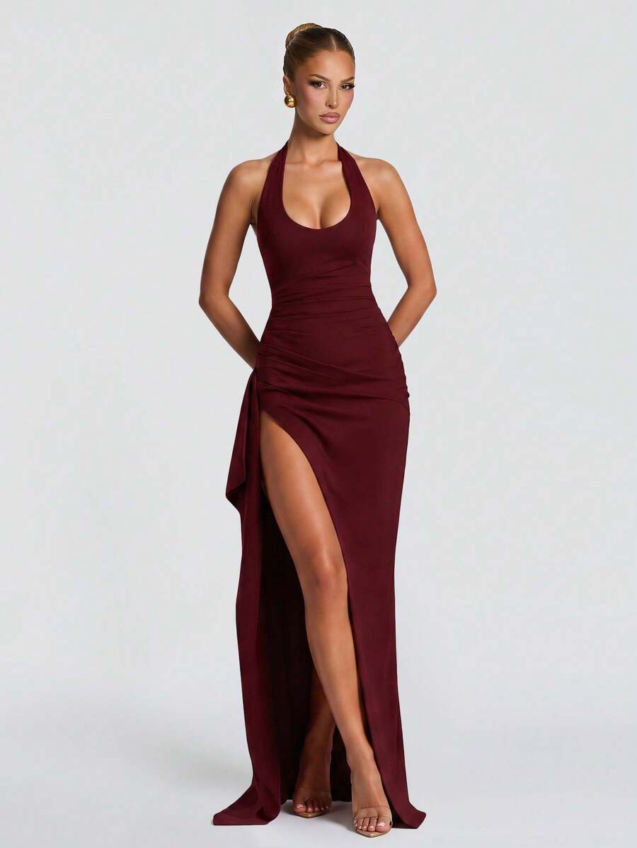 Women's Elegant Sexy Fitted Halter Neck Evening Dress, Sleeveless ...