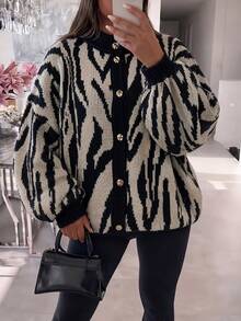 Plus Size Women's All-Over Print Casual Versatile Daily Wear Cardigan - Multicolor - View 1