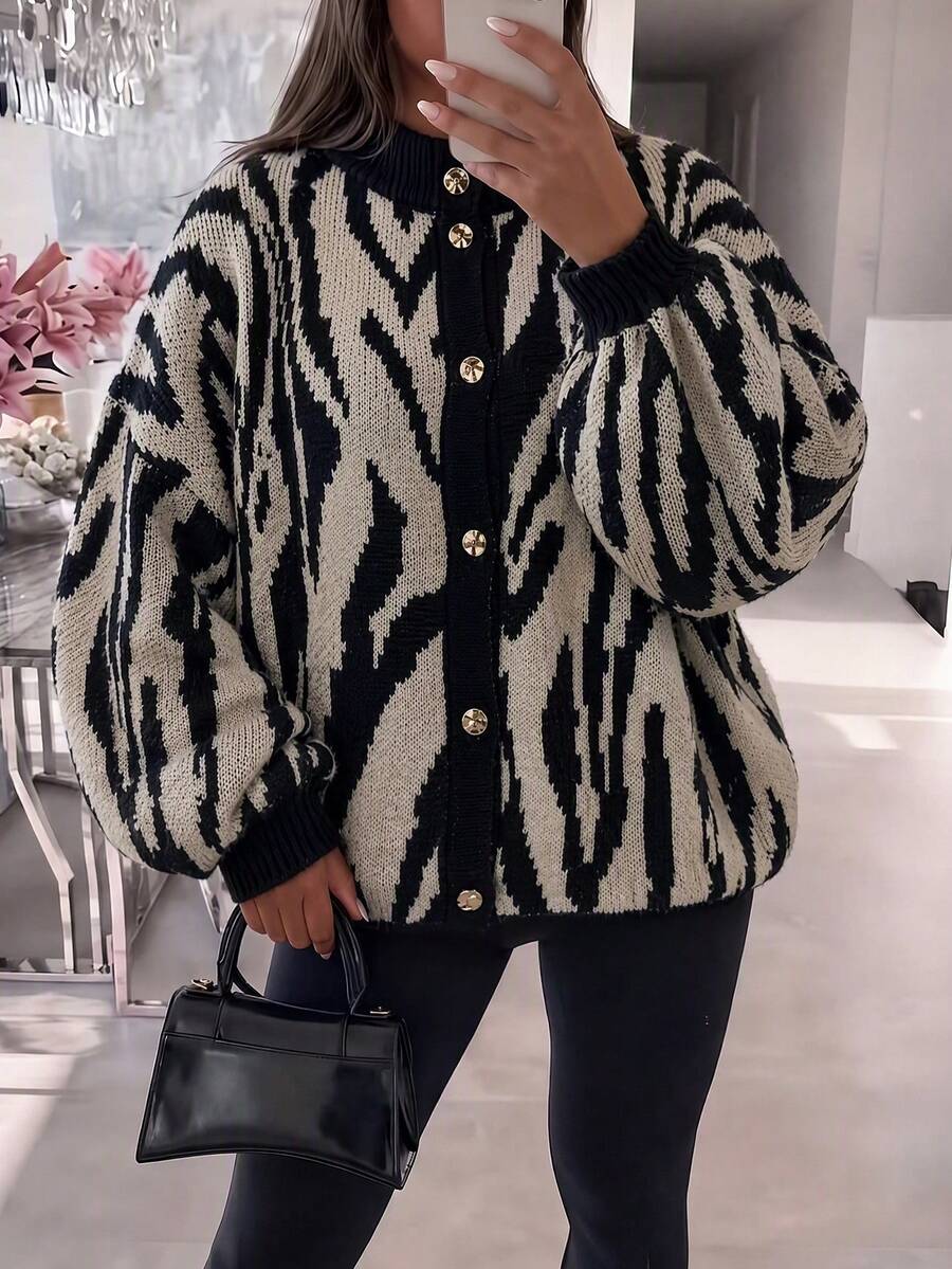Plus Size Women's All-Over Print Casual Versatile Daily Wear Cardigan - Multicolor - View 1
