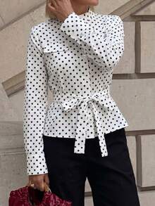 Spring/Summer Polka Dot Cinched Waist Long Sleeve Blouse, Stand Collar Pocket Slim Fit, Versatile Top For Office, Business, Commuting And Dating - Multicolor - View 5