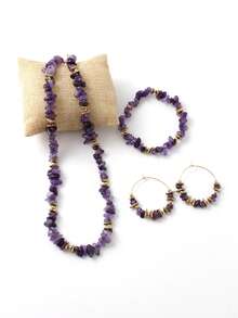 3pcs/Set Bohemian Style Amethyst Crystal Jewelry Set, Includes Necklace, Asymmetrical Stone And Black Tourmaline Stone Earrings, Suitable For Daily Wear And Christmas Gifts - Multicolor - View 16