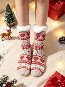 1 Pair Women's Socks Winter Heart Snowflake Christmas Tree Deer Pattern Thickened Thermal Lined Warm Anti-Slip Home Socks Suitable For Christmas, Pregnant Women, Daily Wear, Gift Giving - Multicolor - View 6
