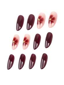 24pcs Autumn/Winter Vintage Street Style Spicy Girl Minimalist Casual Elegant Daily Wear Gold Metal Bead Decor Burgundy Floral Pattern Short Oval Press-On Nails Fake Nail Set, Suitable For Elegant And Sophisticated Girls And Women - Burgundy - View 6