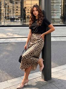 ELVA 女款秋季優雅高腰緞面魚尾裙襬半身裙，適合通勤、外出、畢業典禮、派對、辦公室穿著 - 卡其色 - 查看 2