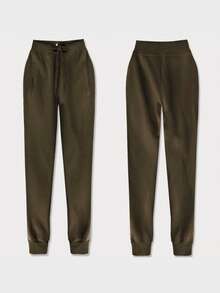 Sweatpants, Elastic Waistband With Drawstrings, Mid-Rise, 2 Pockets, Tapered Legs With Drawstrings, Basic - Army Green - View 3