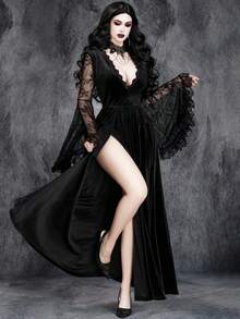 Women's Gothic Sexy Halloween Ghost Bride Cosplay Witch High Slit Lace Patchwork Velvet Stretch Dress - Black - View 4