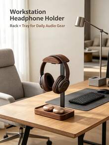 Minimalist Wooden Headphone Stand, Dual Storage Desktop Headphone Organizer, Suitable For Earbuds And Headphones, Minimalist Home Office Decor Desktop Rack - Brown - View 4