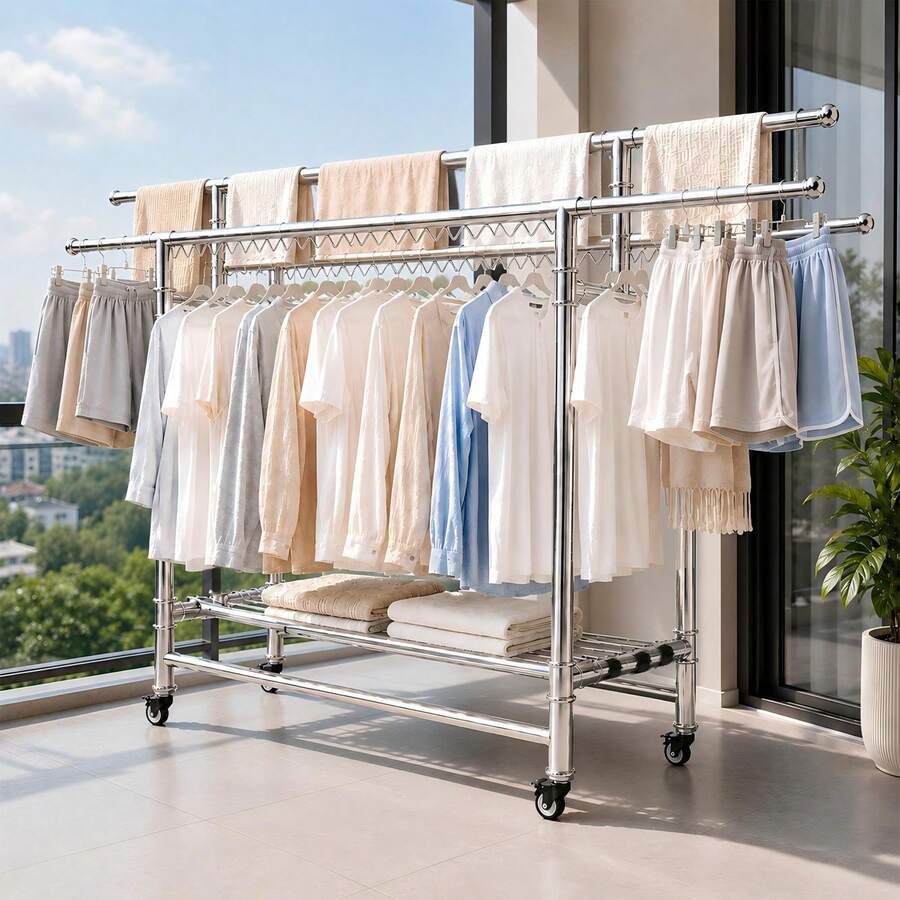 ERUIV Foldable 3-Tier Clothes Drying Rack, Drying Rack For Clothes, Towels And Bedding, Mobile Clothes Rack With Wheels, Space-Saving, Rollable And Easy To Move, With Wind Protection Strips, Ideal For Balcony, Bedroom, Bathroom And Outdoor Areas - 38-tube Folding Three-bar Clothes Hanger - View 1