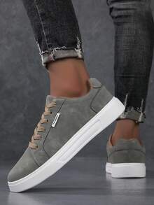 Men's Solid Color Lace-Up Low-Top Round Toe Minimalist Casual Sneakers For Daily Wear - Dark Military Green - View 4