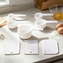 8pcs White Measuring Cups + White Scraper, Multi-Functional Baking Auxiliary Tools, White Plastic Hanging Measuring Spoon Flat Scraper, Serrated Shape Scraper, Curved Dough Cutter, Flour, Nuts, Milk Powder, Powdered Sugar Quantitative Measuring Cup, Cake Frosting Spatula, Dough Divider Scraper, Essential Baking Kitchen Tool Set - View 9