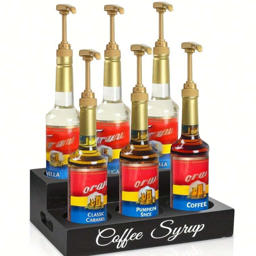 1 pieza Estante de almacenamiento de jarabe para barra de café, estante de madera de 2 niveles, organizador de encimera para 6 botellas de jarabe, accesorios de barra de café, estante de almacenamiento de estación de café, estante de vino de escritorio independiente - Multicolor - Ver 1