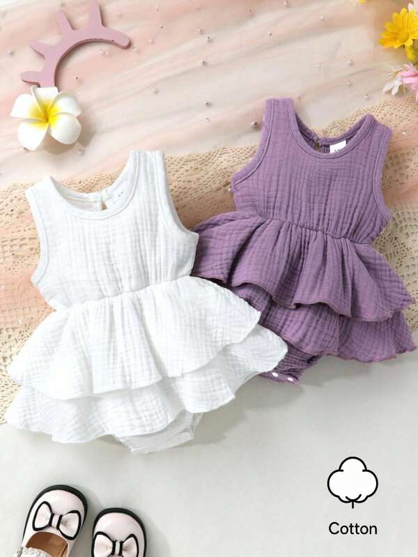 2pcs/Set, Baby Girl, Casual Elegant Fashion, Soft Comfortable, Cute Solid Color Cake Layered Ruffle Bodysuit Dress, Baby Girl Clothing, Baby Supplies, Newborn Baby Girl Clothing, Baby Clothing, Baby Girl Clothing Set, Suitable For Daily, Vacation, Party, Photo, Outdoor Activities