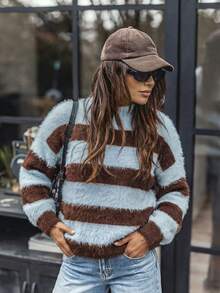 Women Fall Winter Sweater New Style -Basic Tops - CasualFashion Versatile -Colorful StripedContrast CollarLoose Long SleeveKnit Top - Going Out Tops - Multicolor - View 1