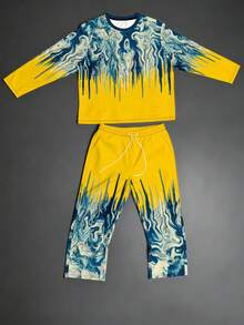 Plus Size Men's 2 Pieces Set, Men's Wide Leg Pants, Long Sleeve Graphic T-Shirt, Streetwear "Starry Sky Gradient Fluid Wave Tie-Dye Print" Pattern Outfit - Polyester Fabric, Drawstring, Pockets, Suitable For Plus Size - Yellow - View 2