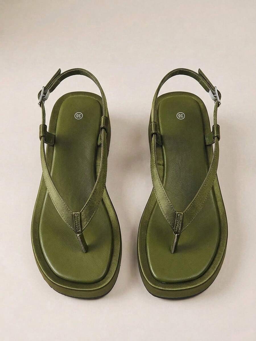 HighSole 春夏新款可調節扣設計夾腳露趾厚底增高女款涼鞋，城市極簡風，柔軟舒適防滑，適合通勤、購物、海邊度假、音樂節，百搭夏季穿搭 - 墨綠色 - 查看 1