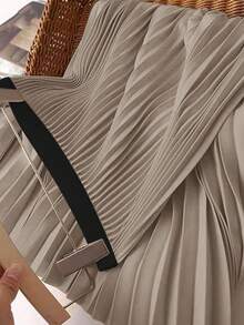 Women's Spring/Summer Fashionable New Taffeta Fabric Drape Contrast Color Pleated Skirt - Brown - View 3