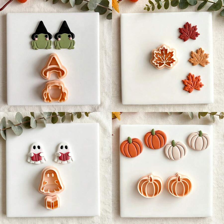 Autumn Halloween Series Pumpkin Clay Cutter, Ghost, Magic Frog, Maple Leaf Shaped Polymer Clay Cutting Mold, Suitable For Autumn Halloween Handmade Earrings - Apricot - View 1