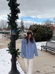 Women's Autumn/Winter Vintage Slouchy Casual Colorblock Vertical Striped Knit Sweater - Blue - View 8