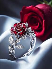 Anillo de aniversario chapado en plata para mujer, con circonita sintética incrustada, diseño de flor de rosa, anillo de compromiso de lujo, joyería de lujo para boda y banquete, adecuado para boda, anillo de boda, joyería, regalo perfecto para aniversario, Día de San Valentín y cumpleaños/Navidad - Plateado - Ver 1