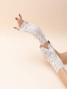 1 Pair New Wavy Edge Rose Lace Fingerless Gloves, Dark Style Photography & Party Decorative Gloves - Black - View 6