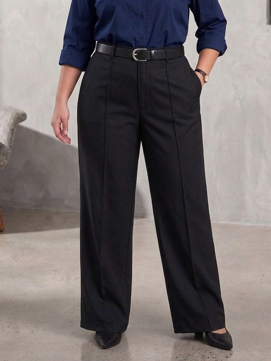 Calça Reta com Bolso Inclinado de Cor Sólida Plus Size Feminina, Calça Versátil para Escritório, Fácil de Criar Look Casual para o Dia a Dia Preto - Preto - Visão 1
