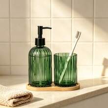 3pcs Army Green Striped Bathroom Set, Including Dispenser Bottles, Rinse Cup, And Tray - Army Green Three-piece Set - View 5