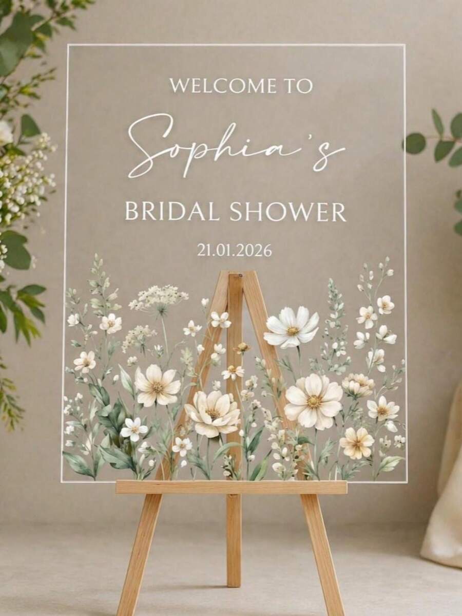 Personalized Bridal Shower Welcome Sign, Floral Acrylic Party Decor - Multicolor - View 1