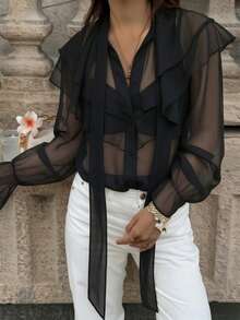 Ruffle/Frill Trim Faux Pearl Layered Casual French Blouse, Solid Color Sheer Black - Black - View 3