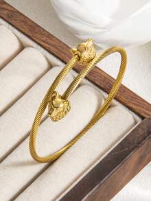 1PC Men Vintage Viking Double Wolf Head Twisted Open Cuff Bangle, Stainless Steel Adjustable Punk Bracelet, Gift For Boyfriend Couple - Szgss040 - View 5