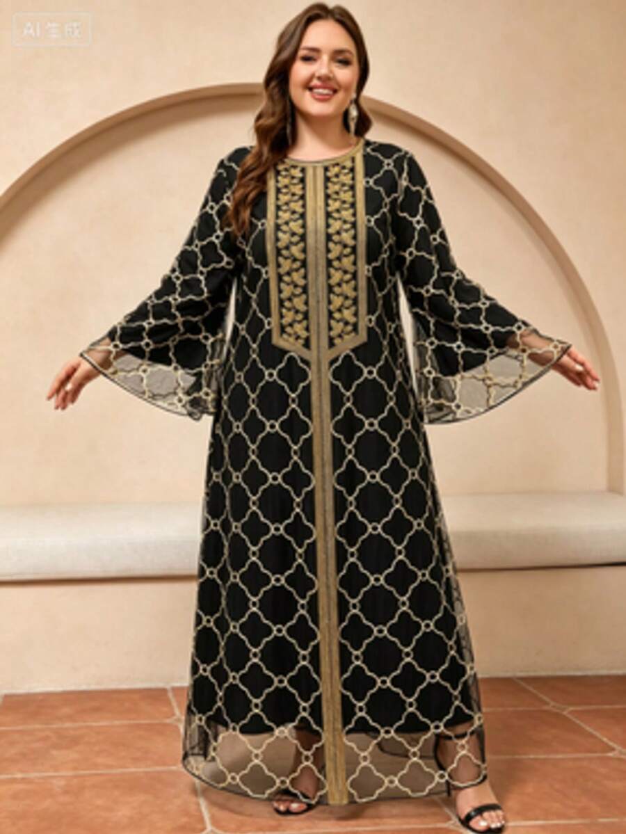 JINLICX Plus Size Black Gold Geometric Embroidered Flare Sleeve Abaya Maxi Dress