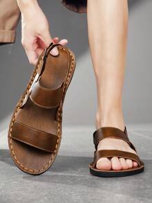 Men's Vintage Business Summer Roman Sandals, 39-48 Size Microfiber Soft Leather Back Strap, Non-Slip Beach Vacation Daily Versatile Sandals - Brown - View 4