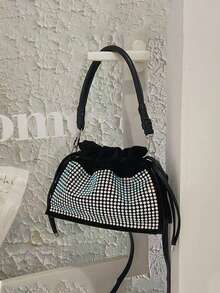 Japanese & Korean Style Niche Design Ins Diamond Shoulder Bag Crossbody Versatile Fashion Handbag Drawstring Fully Rhinestone Commute Outing Daily Shopping Women's Shoulder Bag - Black - View 5