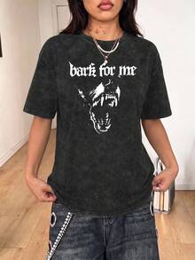 Plus Size Women's Y2K Gothic Vintage Washed Crew Neck T-Shirt, Dog Letter Print Dark Punk Top, Suitable For Commuting, Party, Summer Travel - Black - View 7