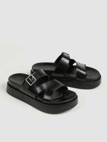 Women's Adjustable Buckle Thick Sole Sandals, Black Cross Strap Soft Cushion Thick Sole Summer Slip-On Mule Shoes - Black - View 3