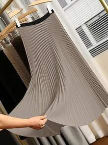 Women's Spring/Summer Fashionable New Taffeta Fabric Drape Contrast Color Pleated Skirt - Brown - View 6