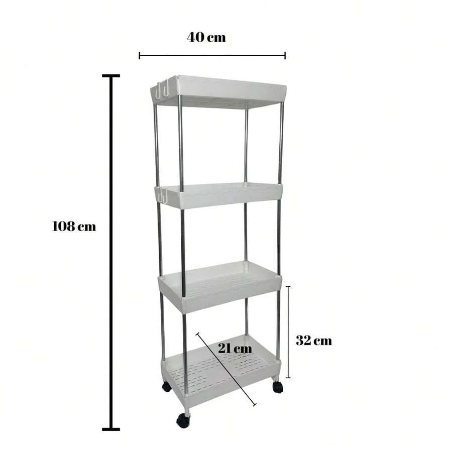 Carrinho Organizador Multiuso 4 Andares com Rodinhas e Ganchos – Branco - 4 prateleiras/ 108x40x21cm - Visão 1