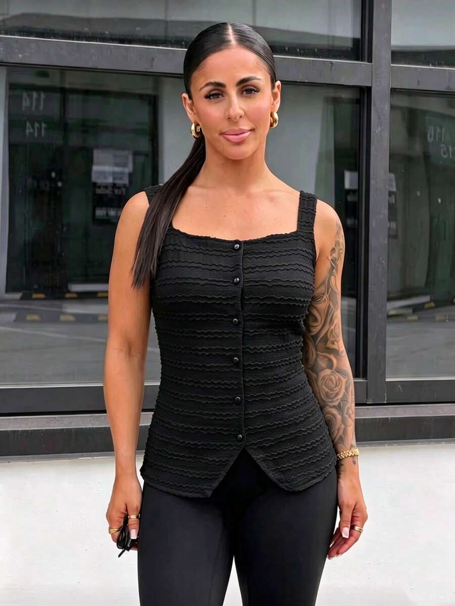 Women's Sleeveless Square Neck Knit Fabric Front Button Camisole, Regular Length Slim Fit Fashion Top Black Summer - Black - View 1